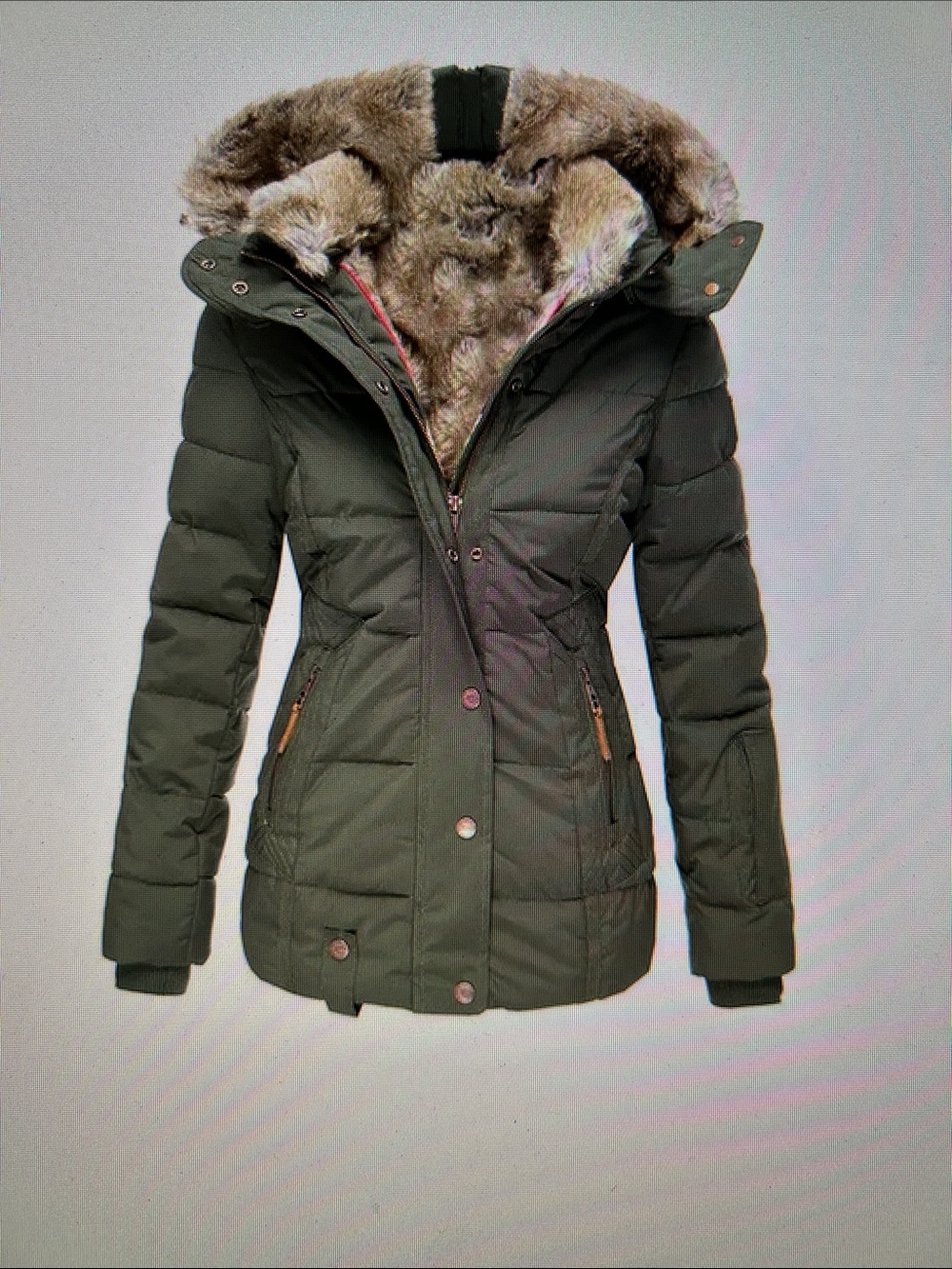 Olive Green Quilted Parka Coat with Faux-Fur Lining